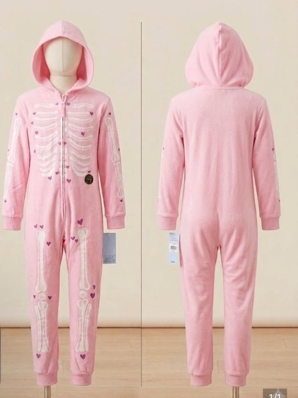 Girls size XL (14) Cat + Jack skeleton heart hooded onsie - GLOW IN THE DARK